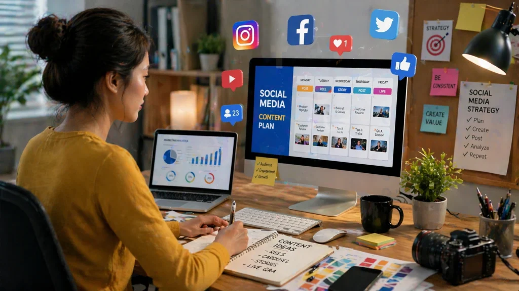 Social media marketing content planning workspace