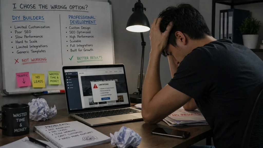 frustration over website development services choices at desk
