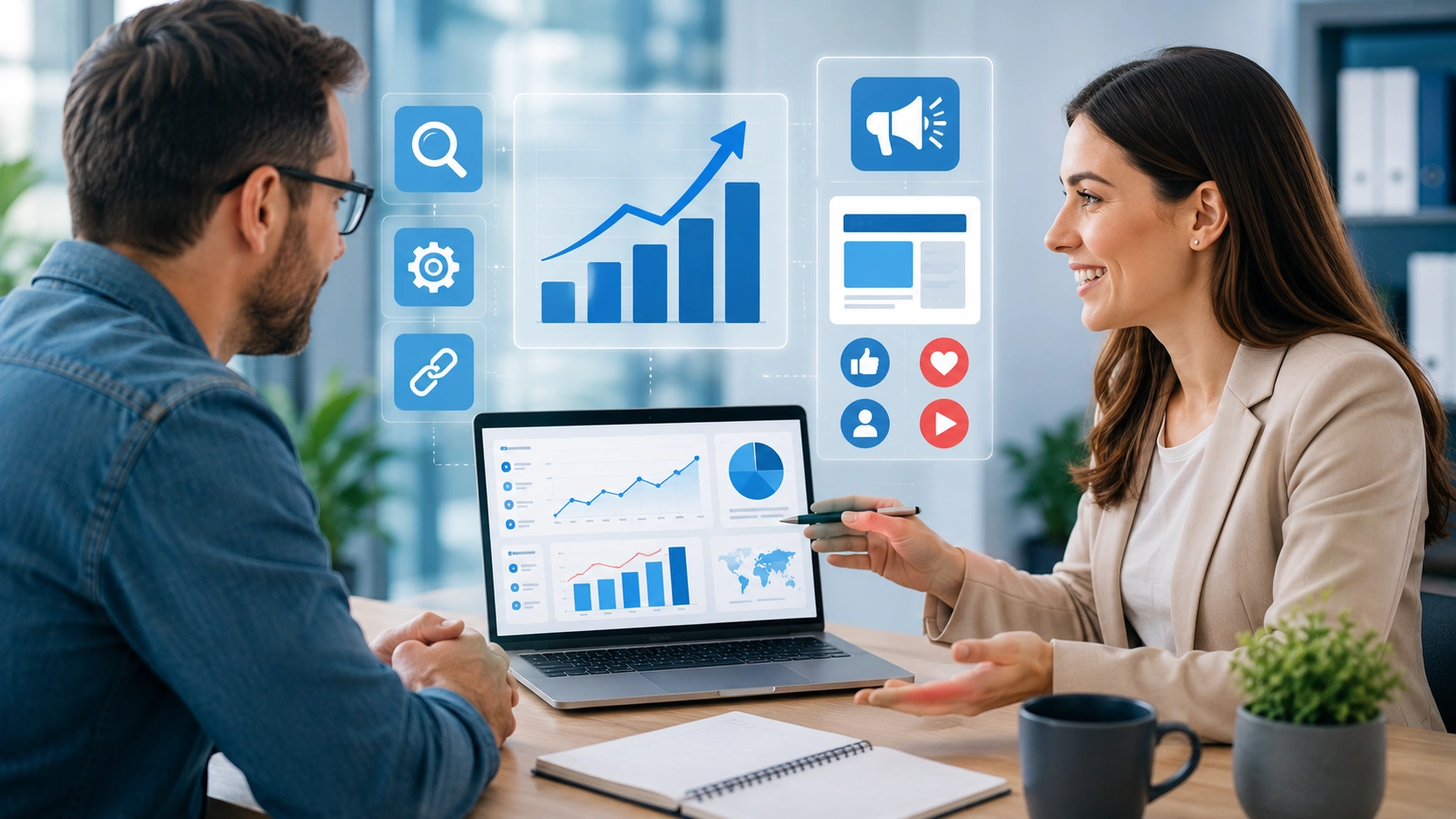 Business owner having a digital marketing consultation with a marketing specialist