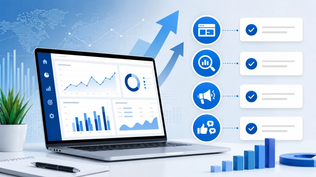 Digital marketing audit showing website, SEO, paid ads, and social media review - digital marketing consultation