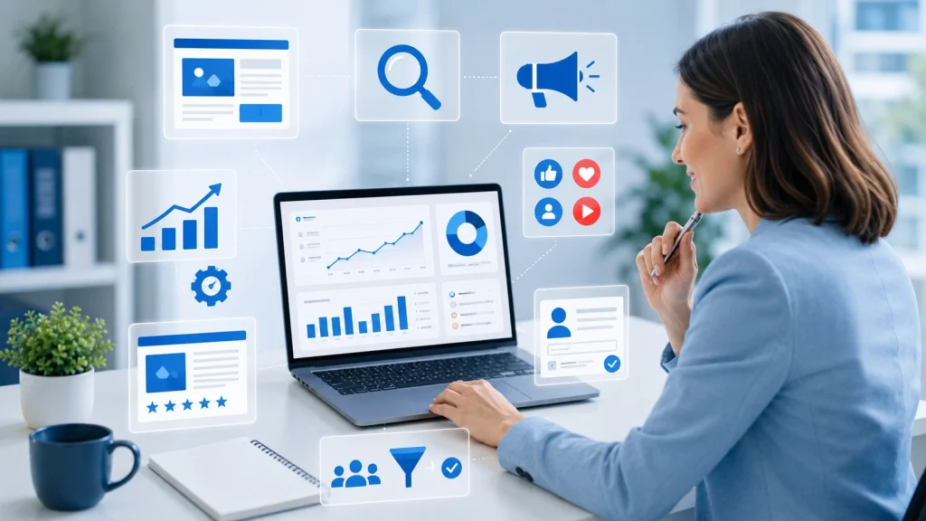 Marketing specialist reviewing website, SEO, ads, and social media performance - digital marketing consultation 