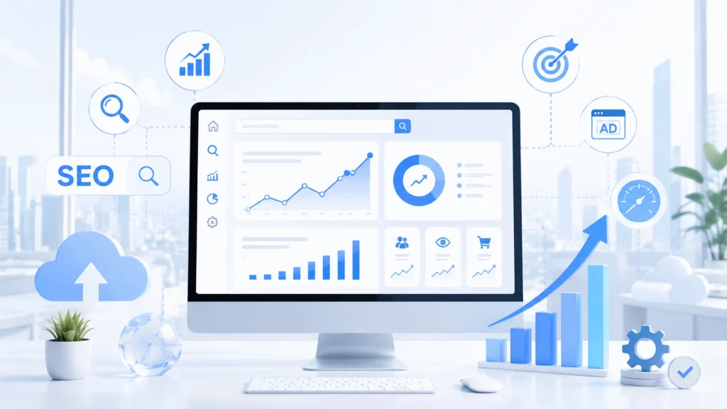 B2B ecommerce website development dashboard with SEO and growth icons