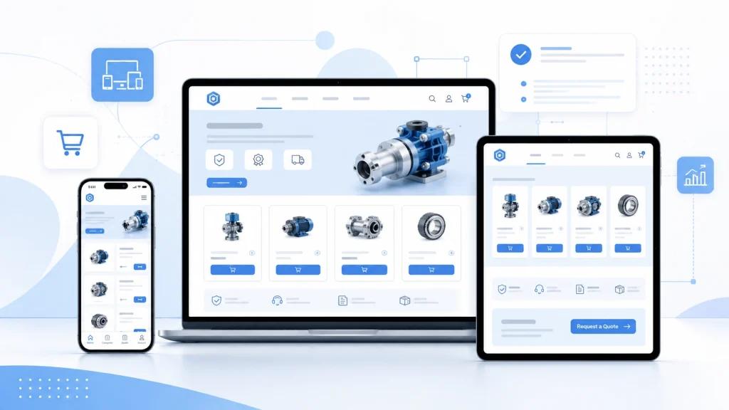 B2B ecommerce website development on laptop, tablet, and mobile