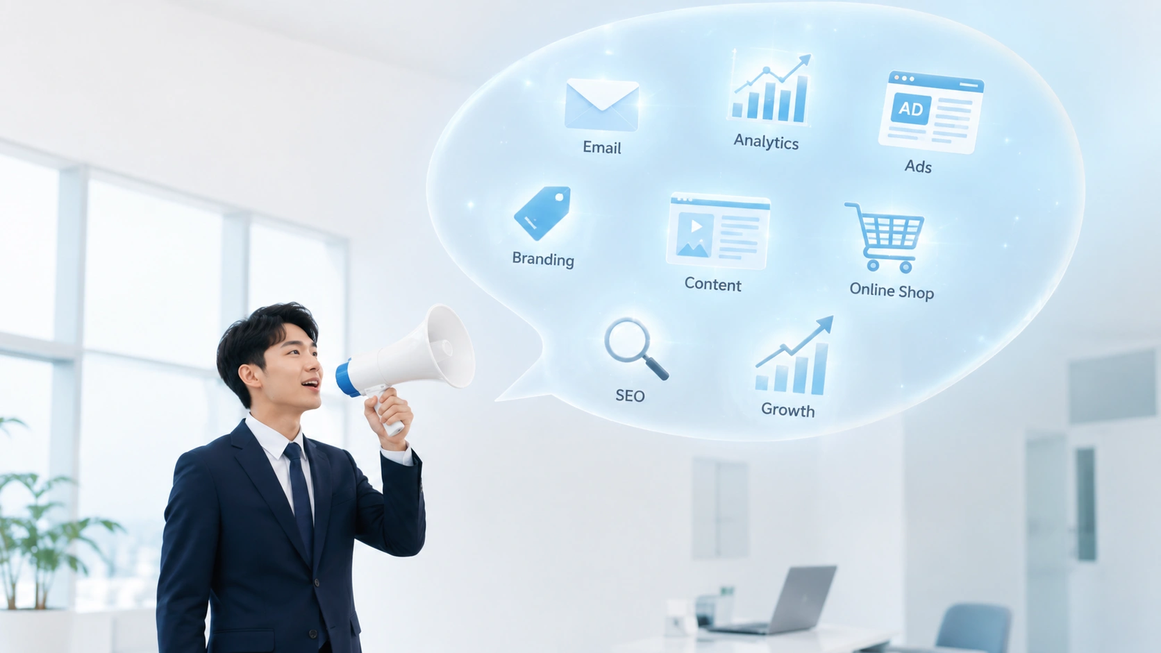 Businessman promoting digital marketing services with icons