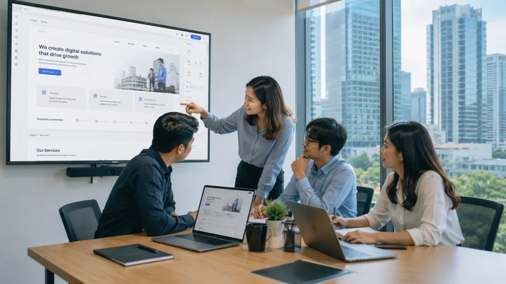 Digital marketing solutions team presenting website strategy for stronger SEO growth
