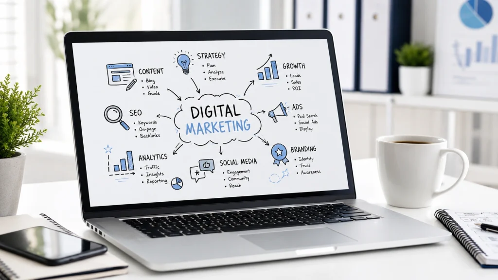 Laptop screen showing digital marketing services strategy map