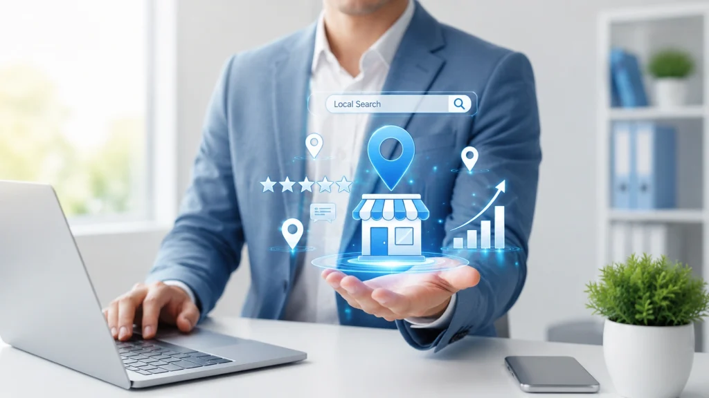 Local SEO icons shown by business professional