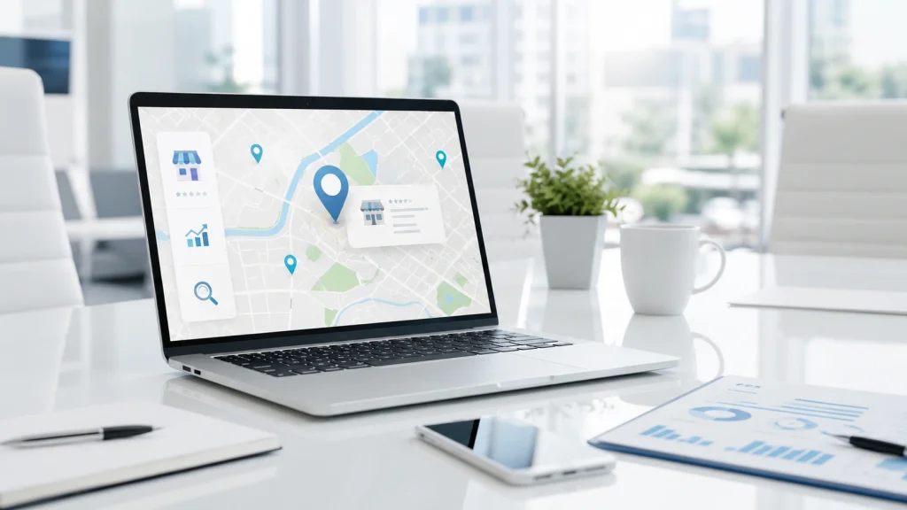 Local SEO map interface on laptop in bright office