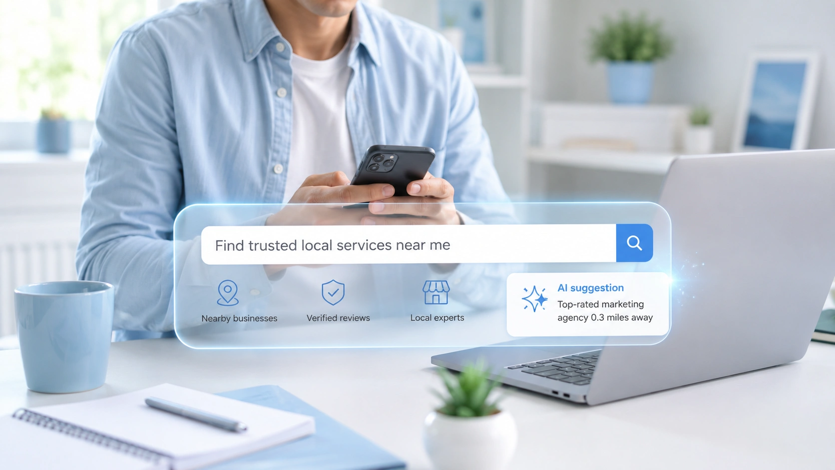 Local SEO search bar on smartphone workspace