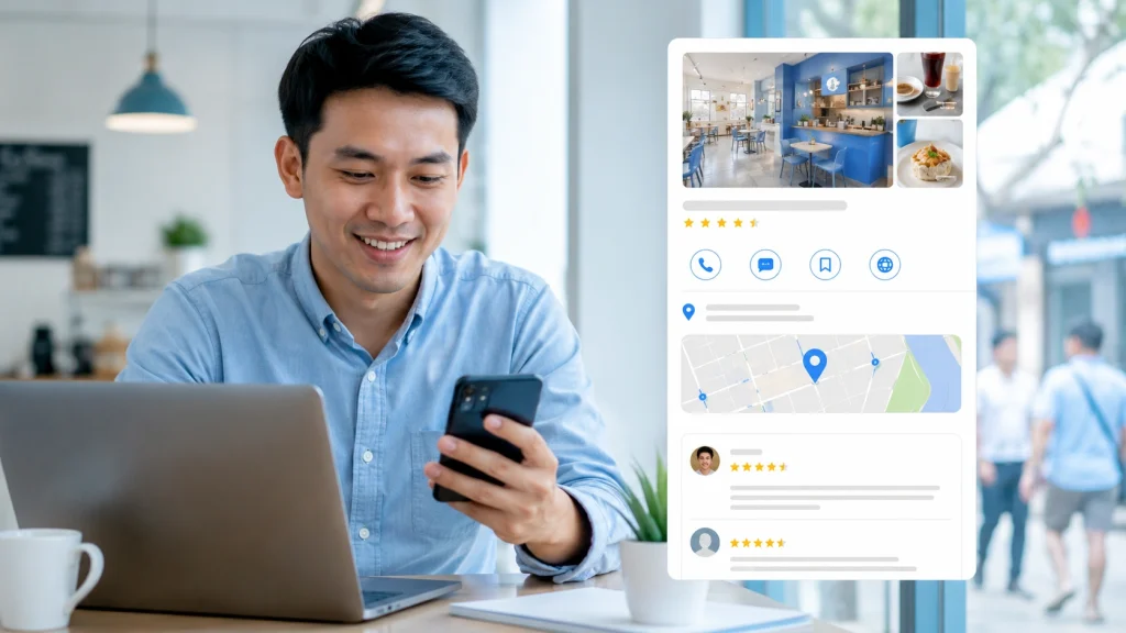 Man checking local business profile supported by SEO services for AI search visibility in Manila