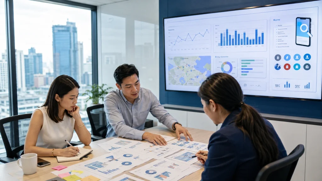 SEO services Manila team reviewing search analytics and growth strategy in a modern office
