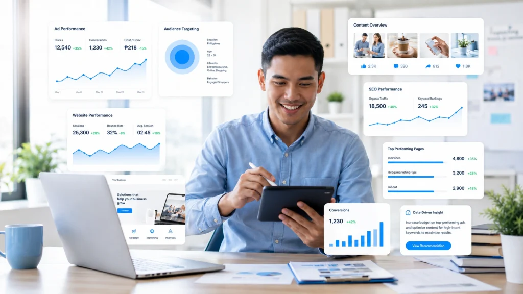Social media marketing dashboard showing ad, SEO, and content performance for business growth