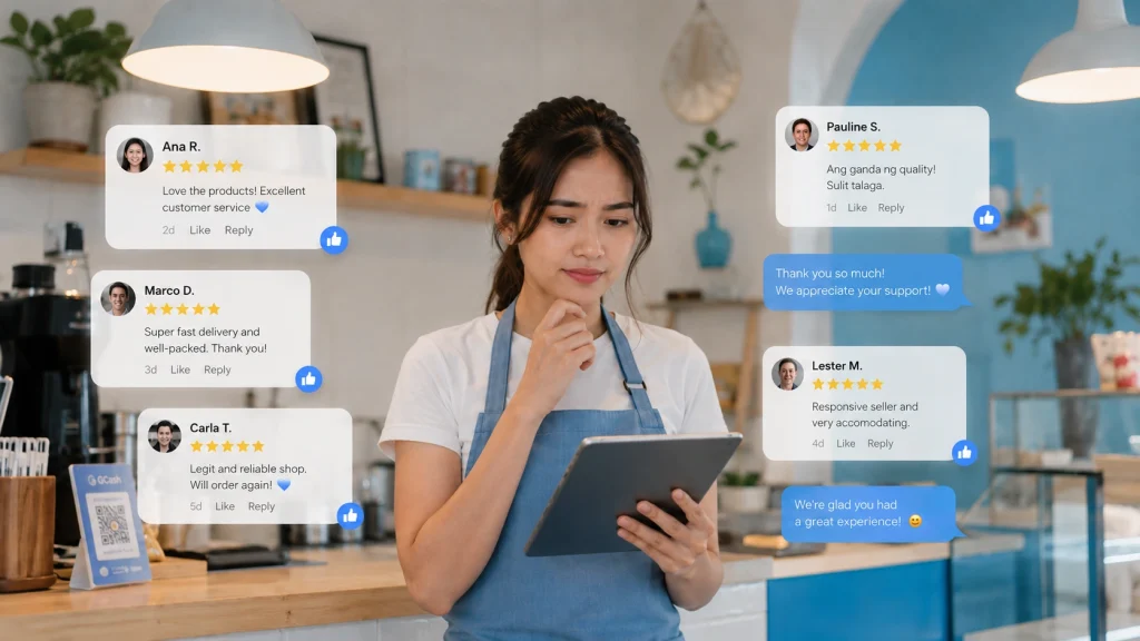 Social media marketing helps a cafe owner manage customer reviews and grow trust online
