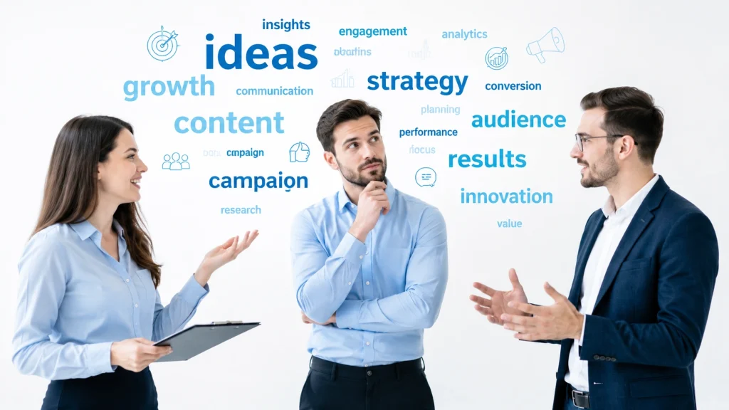Team discussing digital marketing services ideas and growth