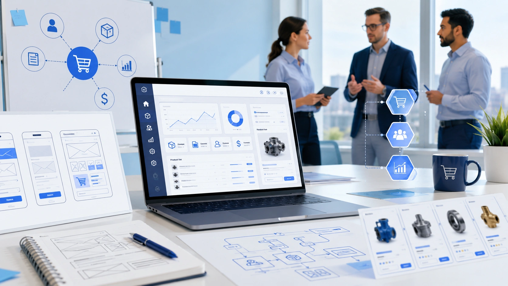 Team planning B2B ecommerce website development planning with dashboard and wireframes