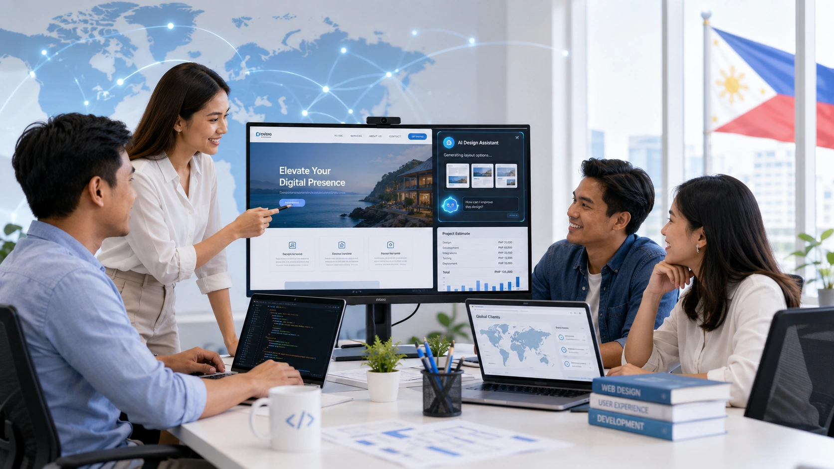 Website development in the Philippines team using AI tools to plan a global-ready business website