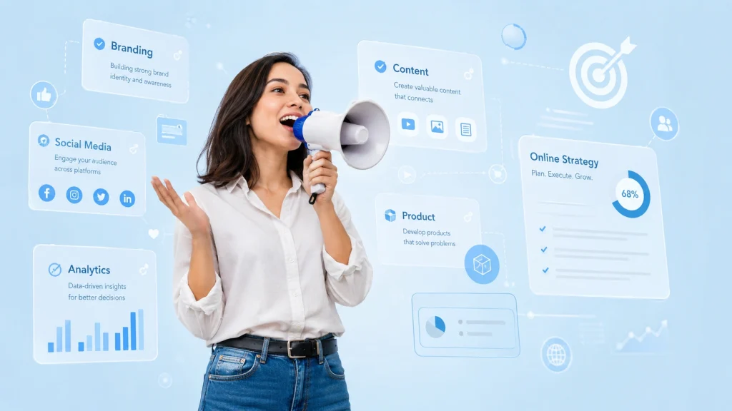 Woman using megaphone for digital marketing services campaign