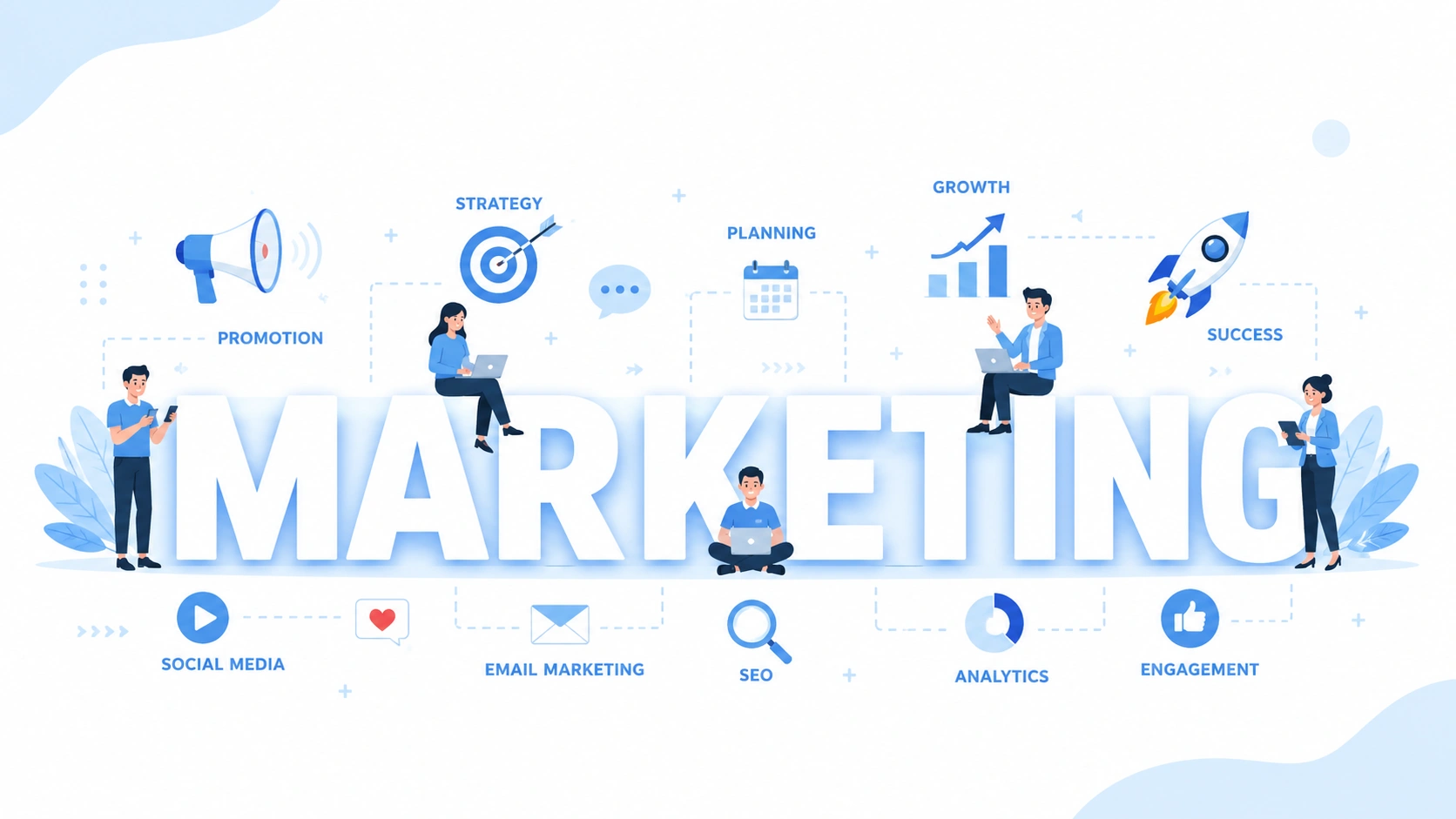 digital marketing solutions banner with strategy icons and growth visuals