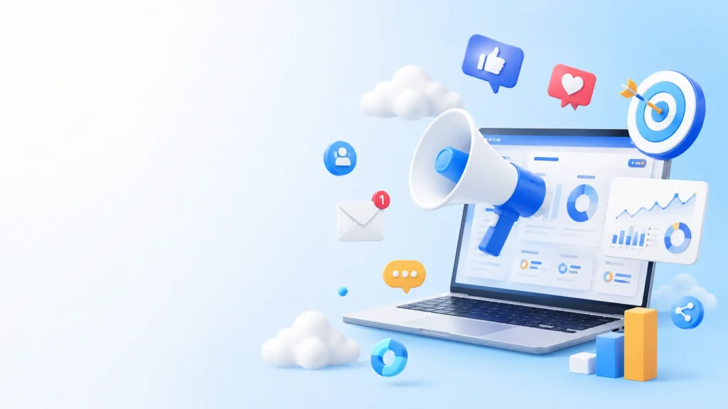 digital marketing solutions laptop with megaphone and analytics icons