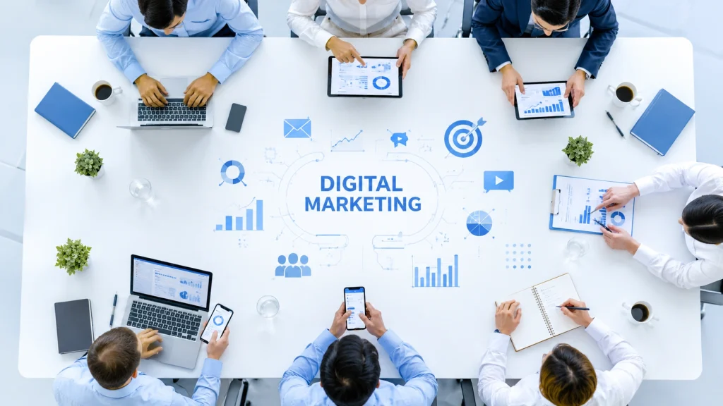 digital marketing solutions meeting table with devices and marketing charts
