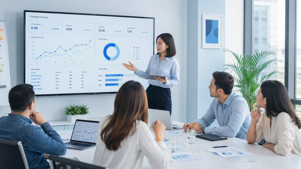 digital marketing solutions team reviewing campaign analytics dashboard