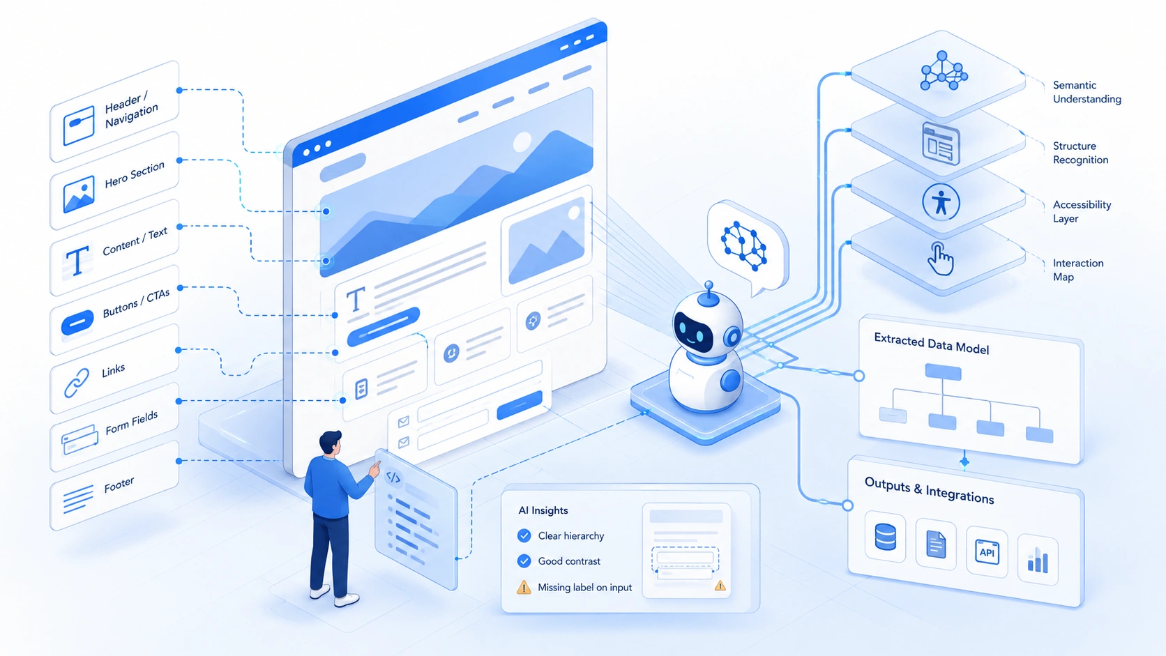 AI agent analyzing web development structure and accessibility