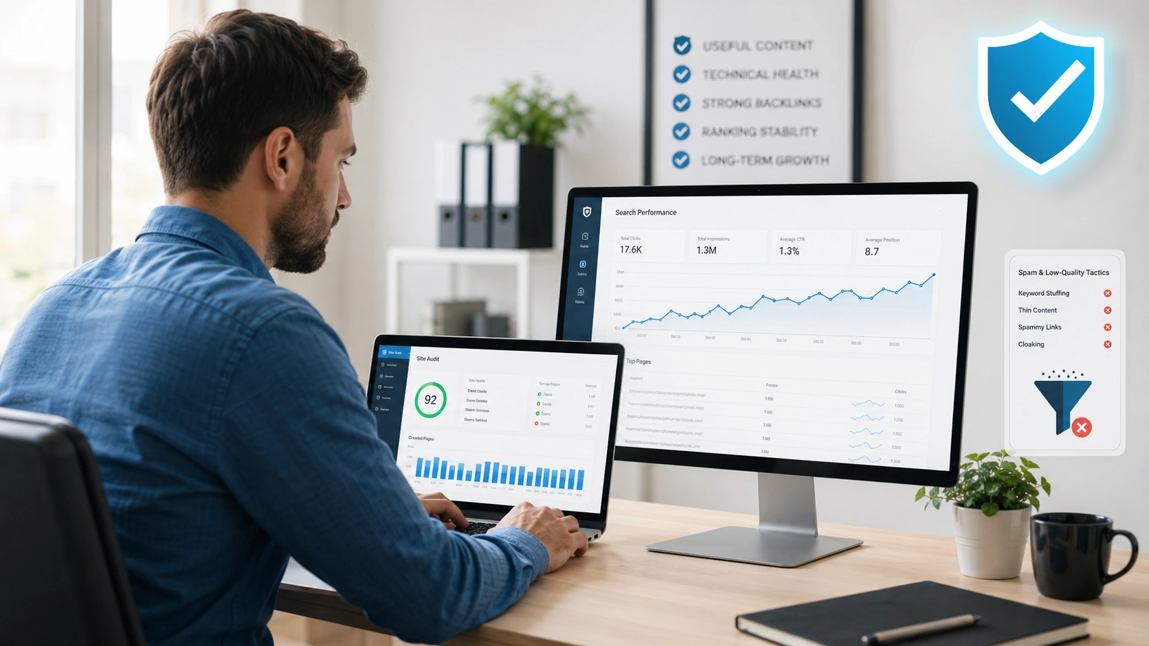 Digital marketing solutions dashboard showing SEO protection from spam updates and low-quality tactics