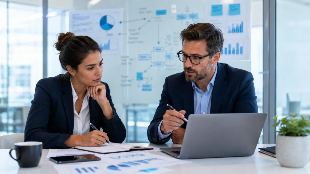 Digital marketing solutions discussion with SEO strategy charts and laptop analytics