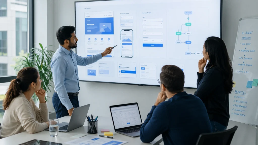 Web development team reviewing AI-ready website designs