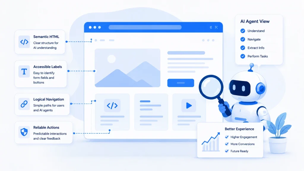 AI agent reviews web development structure, labels, and website navigation