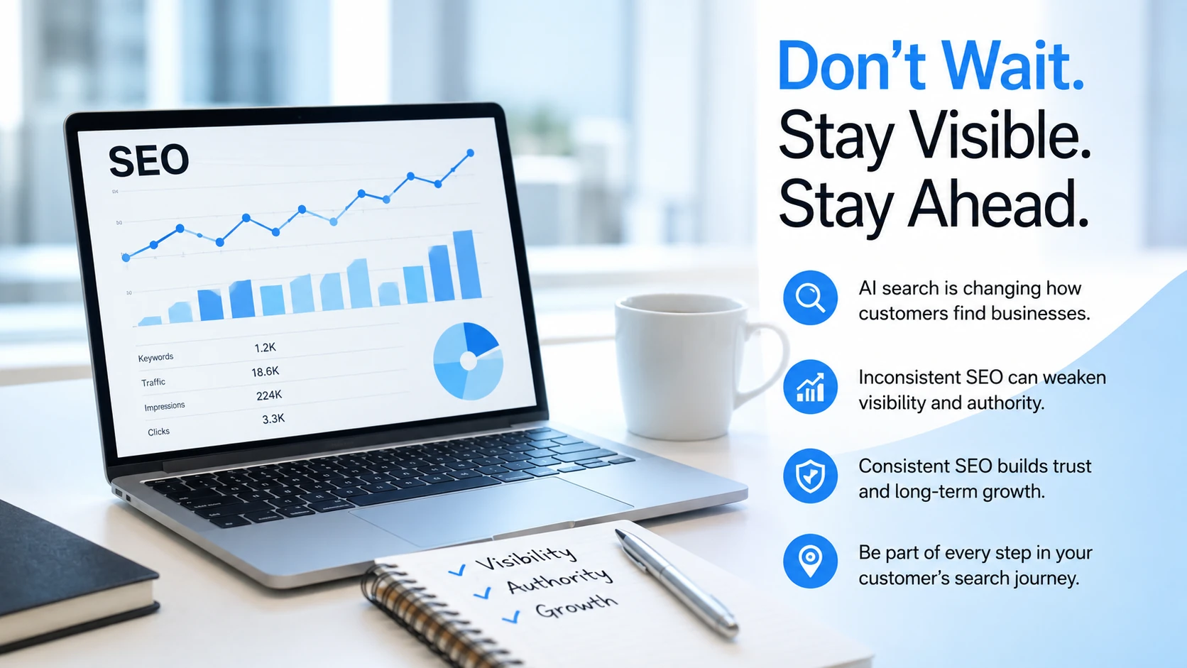 Consistent SEO services dashboard showing visibility, authority, and growth in AI search.