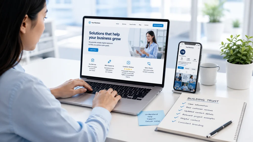Digital marketing builds trust through consistent branding, reviews, and customer touchpoints.