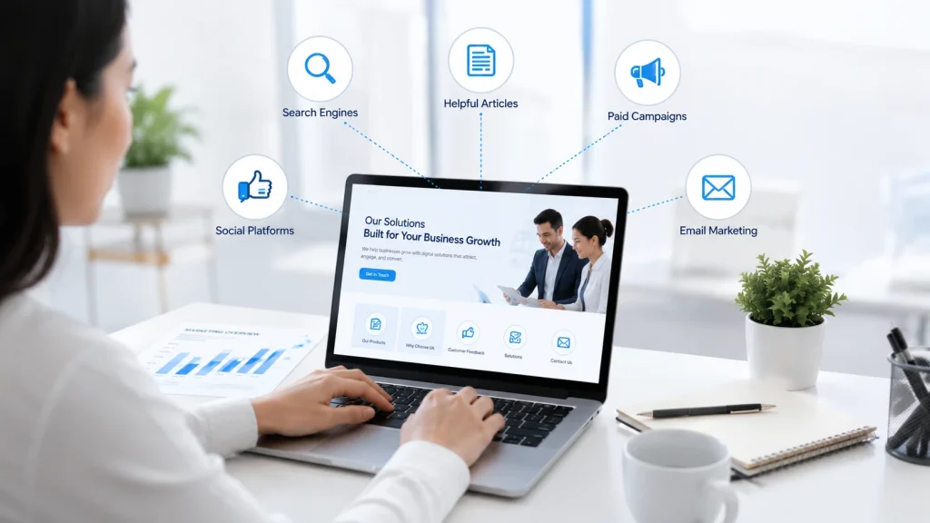 Digital marketing channels connecting search, social media, email, content, and a business website.