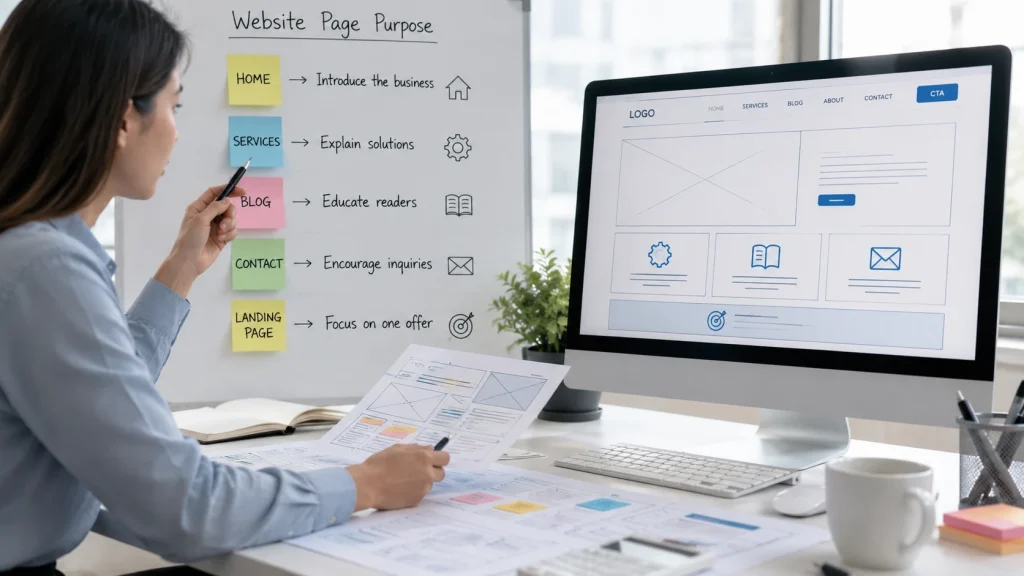 Designer planning web design page purpose and user journey for a business website.