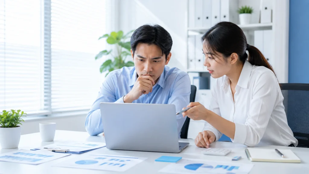 Two professionals reviewing website performance data as inconsistent SEO services weaken online visibility.
