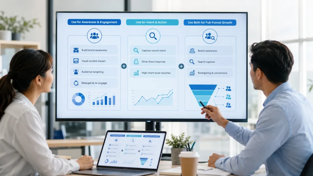 Marketing team comparing when to use Meta, Google, or both for social media marketing campaigns.