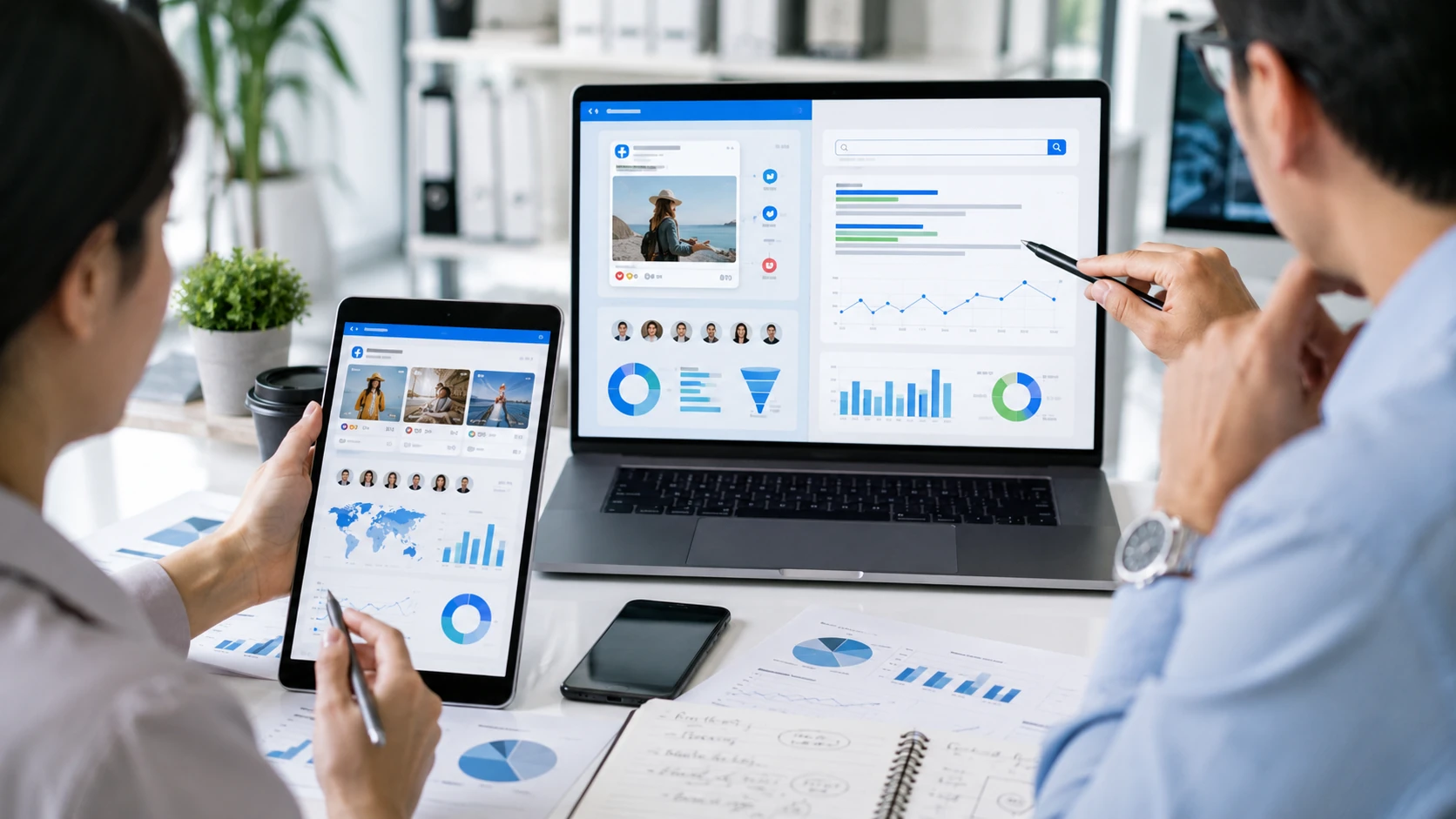 Social media marketing team comparing advertising performances on digital dashboards.