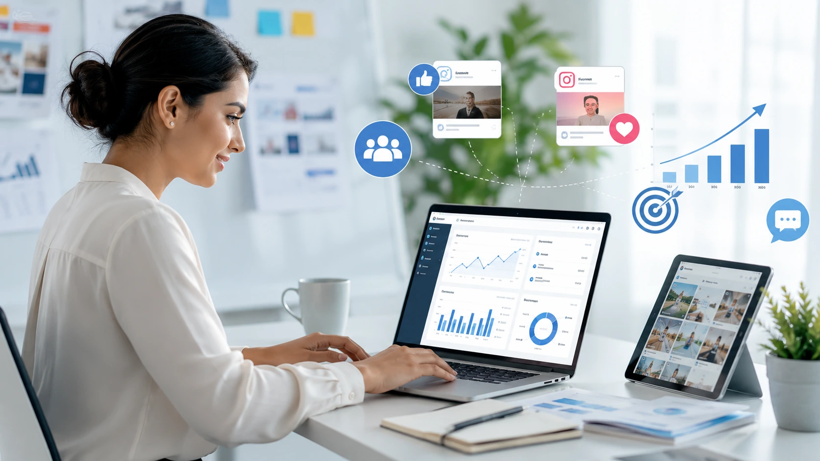 Business owner using Meta Business Suite promotion analytics to improve social media reach, engagement, audience targeting, and customer inquiries.