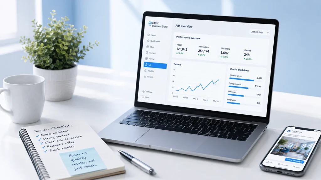 Laptop displaying Meta Business Suite campaign performance results, with website clicks, messages, purchases, and cost per result in a clean white and sky blue workspace. 