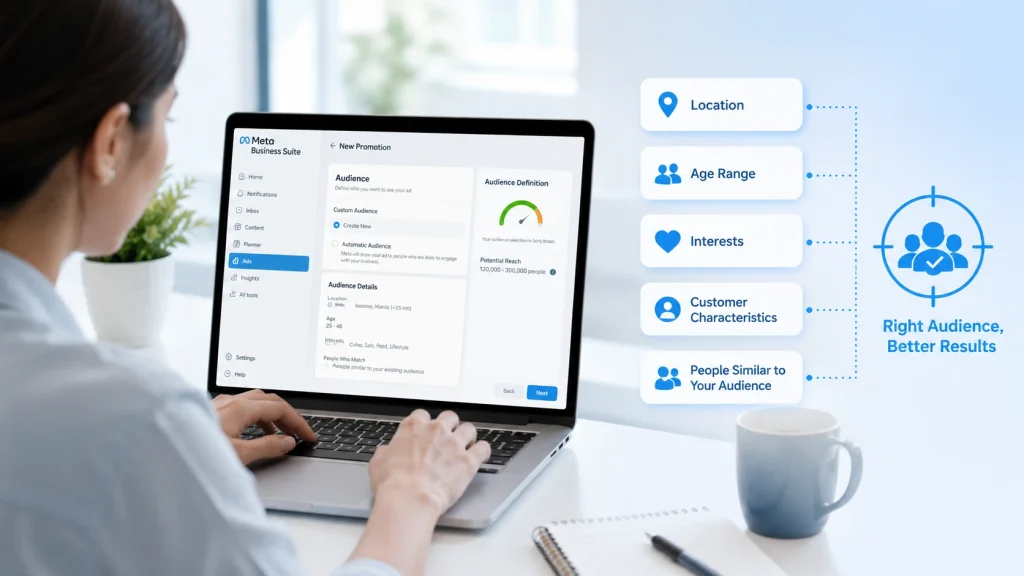 Business owner using Meta Business Suite promotion settings to target the right audience by location, age, interests, customer characteristics, and similar users.