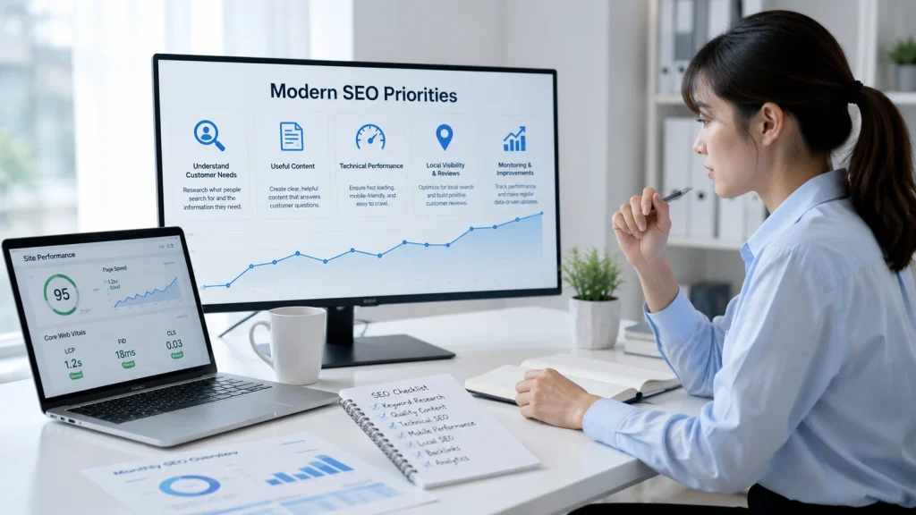 SEO specialist reviewing modern SEO services priorities, website performance, content quality, and local search visibility.