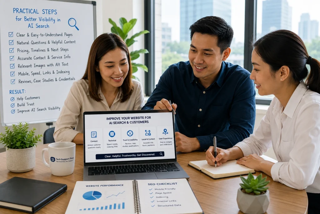 Team reviewing SEO services strategy to improve AI search visibility for Philippine businesses.