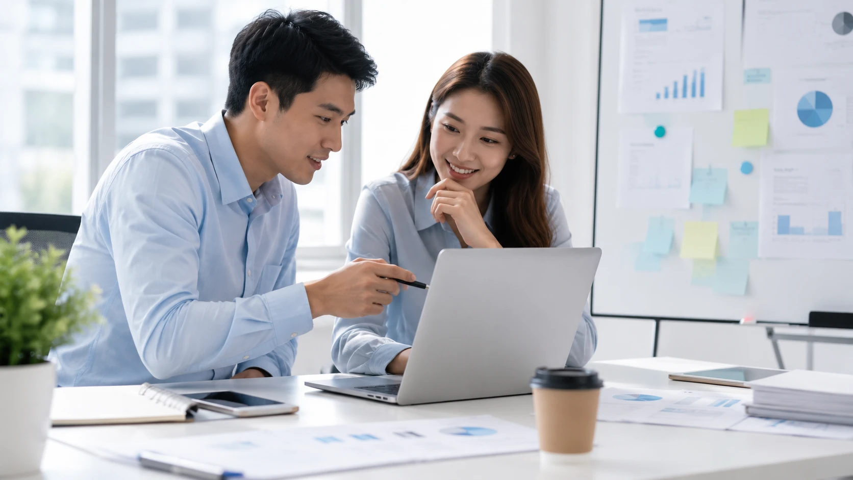 Business professionals reviewing a web design strategy to improve customer buying decisions.