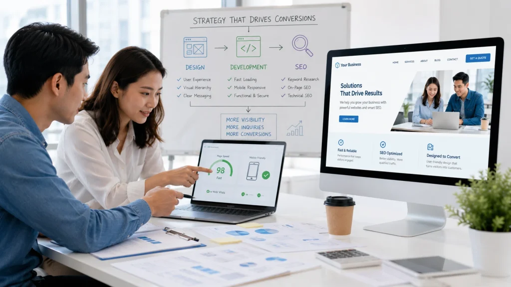 Team collaborating on web design and SEO services to improve website conversions.