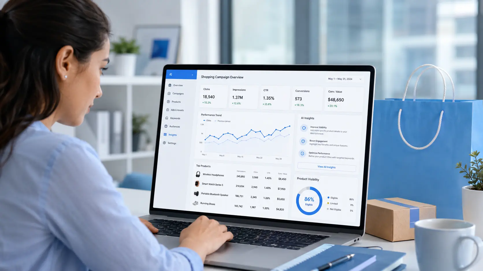 PPC ads services specialist reviewing AI Shopping Ads performance on a laptop