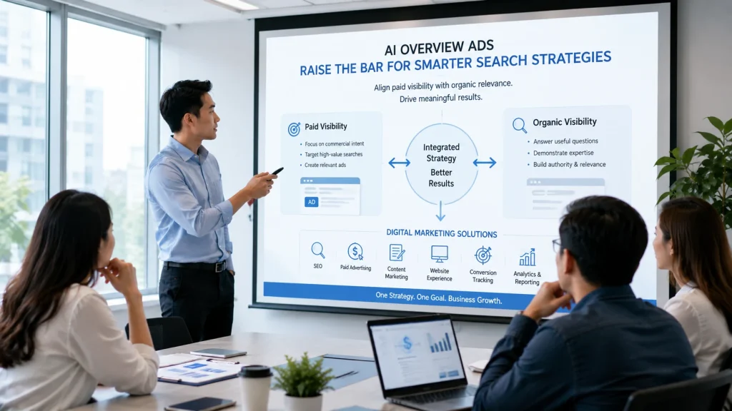 AI overview ads strategy presented on a projector screen for smarter search visibility