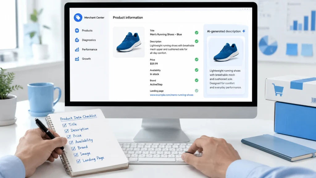 PPC specialist checking product data for AI Shopping Ads.