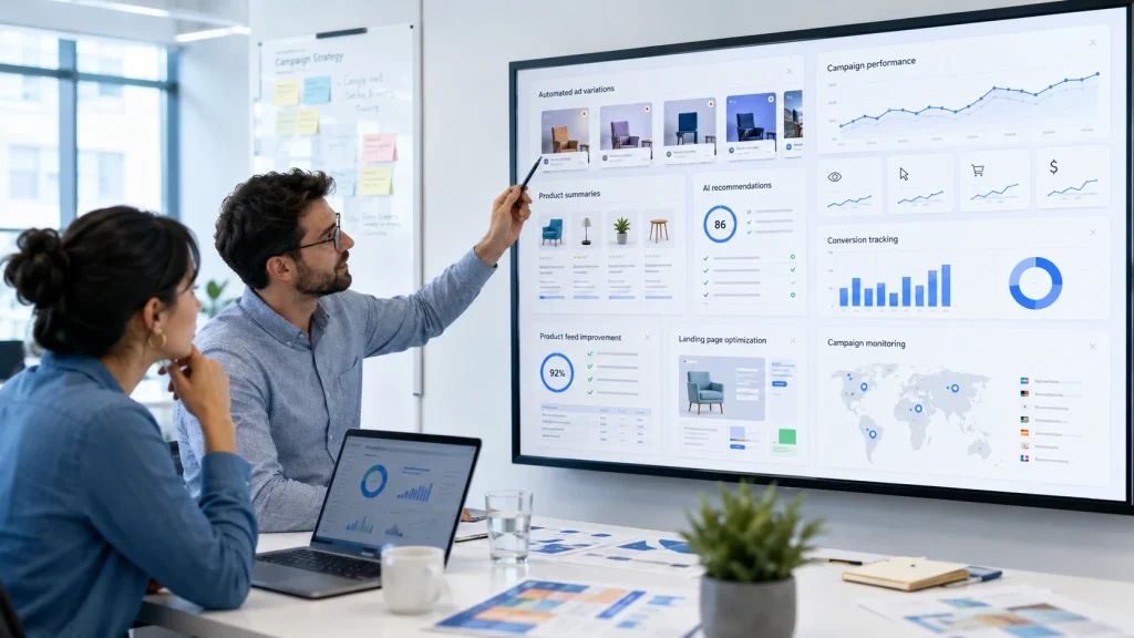 PPC ads services team reviewing AI ad strategy and campaign performance.