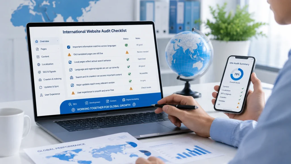 International SEO audit reviewing multilingual pages for global website performance