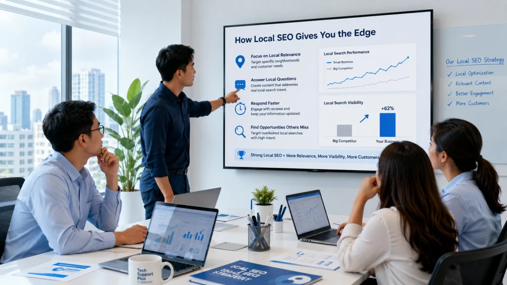 Local SEO team reviewing strategies to compete with bigger businesses